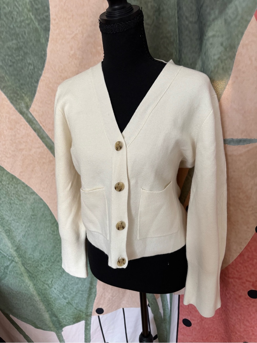Cream Button-Front V-Neck Women's Cardigan Sweater
